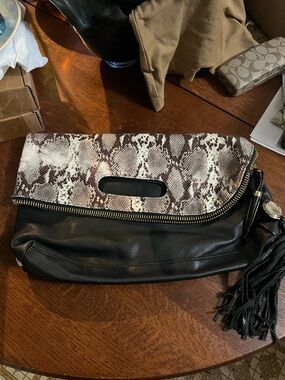 Vince Camuto Black Foldover Clutch with Brown Snake-Print Flap